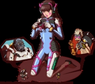 drawing growth giantess color handheld brunette brown_eyes kneeling mech overwatch d.va winston junkrat gorilla jrbowns hana_song jamison_fawkes