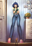 drawing color large_breasts long_hair jeans blue_hair short_hair shrunken_woman pants shirt point_of_view orange_hair slippers looking_at_tiny