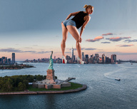 giantess collage city mega high_heels muscles legs shorts skyscraper athletic sky sunset looking_back new_york_city captain_rand legs_emporium