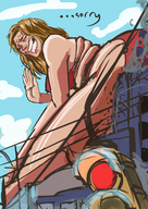 drawing giantess city blonde color long_hair destruction buildings brunette smiling sitting grin looking_down outdoors winking traffic_light claw7705 traffic_lights