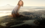 giantess collage city mega destruction barefoot cleavage bra water smiling asian kneeling short_shorts medium_length_hair smoke point_of_view looking_at_viewer brenda_song