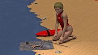 sleeping blonde beach ocean shrunken_man raft lifeguard looking_at_tiny
