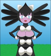 drawing giantess pokemon blushing color large_breasts blue_eyes gardevoir gothitelle nightcore100 between_breasts