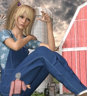gentle giantess blonde long_hair clothed sitting barn overalls ponytails farmer windmill digital_render silo
