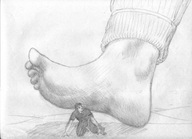 drawing giantess monochrome barefoot soles sketch looking_up imminent_crush theborrowergts