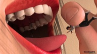 tongue teeth handheld saliva jeans shoes shrunken_man finger_nails shirt imminent_vore mouth_open digital_render