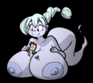 breasts drawing color huge_breasts smiling ducky ponytail surprised ghost looking_down no_background absorption between_breasts