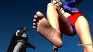 giantess barefoot angry gloves harley_quinn navel shorts open_mouth lipstick batman jacket point_of_view cape top raised_foot makeup face_paint digital_render dc_comics arms_raised imminent_foot_crush