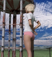 gentle giantess panties blonde butt clothed skirt brunette standing shirt water_tower digital_render