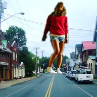giantess collage blonde buildings socks short_shorts walking streets vehicles looking_up shirt power_lines