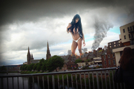breasts giantess collage black_hair long_hair rampage muscles village abs looking_down cinderella ureich landolt