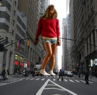 giantess collage city blonde socks shorts walking streets looking_up shirt bystanders american_flag