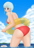 drawing giantess white_hair mega color large_breasts butt swimsuit water surprised pigtails looking_down jets boats towering オレンジ orenji