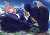 drawing giantess crush feet giga city color destruction soles pink_hair lying_down looking_at_viewer pointed_ears