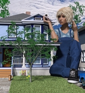 gentle giantess blonde clothed handheld shoes brunette sitting overalls houses digital_render