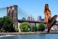 breasts giantess collage city mega bridge water high_heels brunette in_shoe nylons sky new_york_city brooklyn_bridge imminent_crush sitting_on_bridge