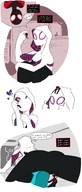 drawing giantess city mega comic color butt clothed mask hugging dialogue hood looking_at_tiny gwen_stacy miles_morales spider-man spider-woman marvel_comics spider-gwen narration emmacat64