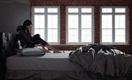feet barefoot bed brunette kneeling worship shrunken_man sorenzer0 looking_at_tiny digital_render orz