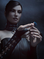 giantess handheld finger hand shrunken_woman leather bdsm dominatrix studs nose_ring sorenzer0 looking_at_tiny digital_render choke
