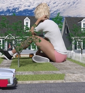 gentle giantess panties blonde clothed shoes sitting vehicles houses shirt digital_render
