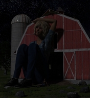 gentle giantess blonde clothed shoes sitting farm barn looking_up night stars digital_render silo