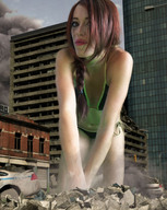 giantess collage city swimsuit destruction brunette brown_eyes crawling navel belly rubble lipstick thighs looking_at_viewer redfiredog raven_rae