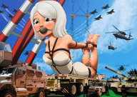 breasts drawing giantess white_hair mega color blue_eyes barefoot helicopter military tank ginormica dress short_hair bondage wedding_dress airplane jets vehicles outdoors bride monsters_vs_aliens soldiers crane gagged dreamworks