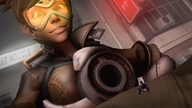 color long_hair clothed glasses brunette smiling short_hair sitting hand shrunken_woman looking_down close_up outdoors goggles body_suit looking_at_tiny digital_render overwatch widowmaker slyworks tracer_(overwatch)