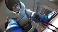 cg glasses brunette brown_eyes crawling shrunken_woman looking_down open_mouth looking_at_tiny overwatch d.va hana_song mei_(overwatch)