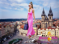 giantess city high_heels buildings brunette dress sunglasses people vehicles sky jessica_alba giantessbuster209