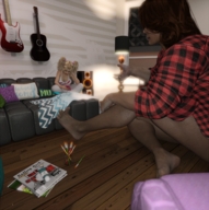 gentle blonde long_hair clothed barefoot cleavage mini_giantess sitting ponytails tanktop cellphone sofa jetslasher guitars digital_render flannel_shirt
