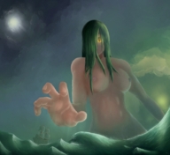 drawing nipples giantess nude color ocean yellow_eyes green_hair hand waves night ships pirates reaching_hand thunderafterdark
