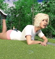 gentle giantess panties blonde butt clothed shoes lying_down sitting shirt trees digital_render