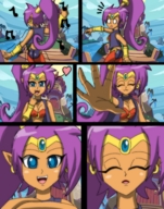 giantess vore comic blue_eyes handheld purple_hair open_mouth dancing point_of_view source_needed reaching_hand shantae pointed_ears octshero half-genie