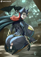 breasts drawing giantess color long_hair butt clothed cleavage butt_crush huge_breasts smiling red_hair sitting robin batgirl batman costume looking_back cape belt giantessfan catwoman thick_thighs thief dc_comics swinging