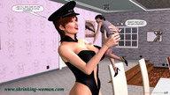 breasts gentle large_breasts clothed handheld cleavage skirt high_heels brunette shrunken_woman dominatrix hat digital_render