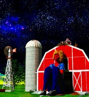 gentle giantess blonde clothed shoes sitting barn overalls looking_up night trees stars windmill digital_render