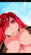drawing color large_breasts cleavage anime red_hair looking_down fairy_tail point_of_view earrings perspective erza_scalet