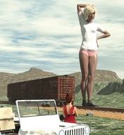 gentle giantess panties blonde clothed shoes brunette dress standing shirt jeep digital_render railcar
