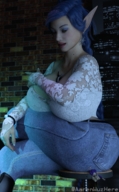 butt butt_crush purple_hair hand shrunken_woman shrunken_man underneath jetslasher stool digital_render between_breasts