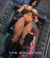 nipples black_hair large_breasts gloves boots thong navel muscles amazon standing alley digital_render kolos bouncer