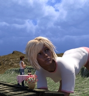 gentle giantess blonde clothed crawling table mountains standing wine date shirt flowers looking_away digital_render