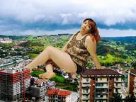 giantess collage barefoot buildings red_hair legs village clouds sky countryside utamovita