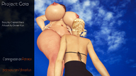 nipples gentle giantess nude blonde huge_breasts brunette navel advertisement standing hands_on_hips digital_render dinner-kun