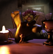 feet toes barefoot soles foot_worship table shrunken_woman advertisement world_of_warcraft jetslasher candle goblin natazii digital_render what-you-owe female_goblin