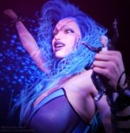 giantess handheld blue_hair advertisement fist jetslasher fan digital_render rock-goddess