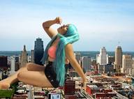 giantess collage city mouth buildings blue_hair sitting hand legs skyscrapers between_fingers imminent_vore utamovita