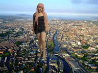 giantess collage city long_hair barefoot buildings pink_hair legs canal utamovita