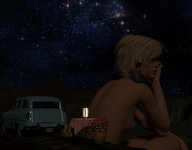 breasts gentle giantess nude blonde barefoot jeans sitting table vehicles night stars lantern digital_render