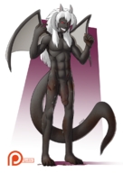 drawing white_hair nude horns tail wings color giant red_eyes blood sweat foot_crush cruel hand_crush imminent_vore